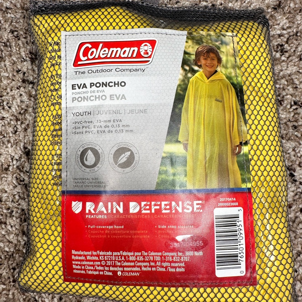 Coleman Eva Poncho Youth Rain Defense‎ Full Coverage Hood Side Snap Closure New